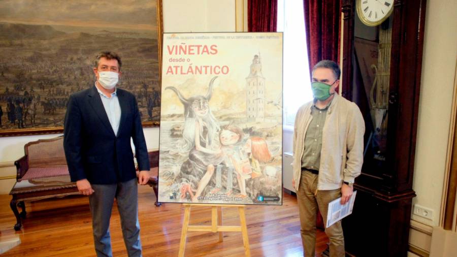 El director del salón, Miguelanxo Prado, derecha, y el concejal de Turismo coruñés, Juan Ignacio Borrego. Foto: Cabalar/Efe