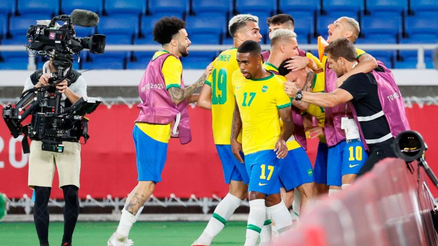 Los jugadores brasileños celebran el 4-2 durante el encuentro frente a Alemania. Foto: EFE/Lavandeira Jr