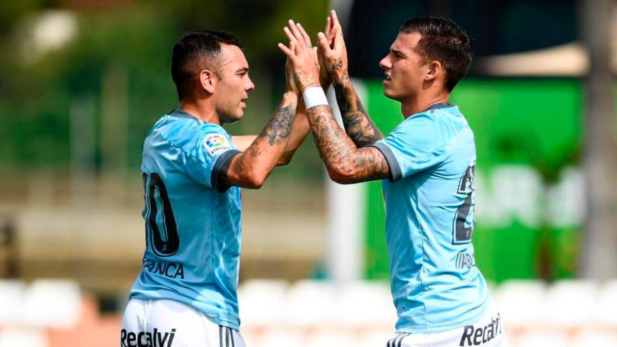 Iago Aspas y Sanyi Mina celebran un gol. Foto: Celta Media