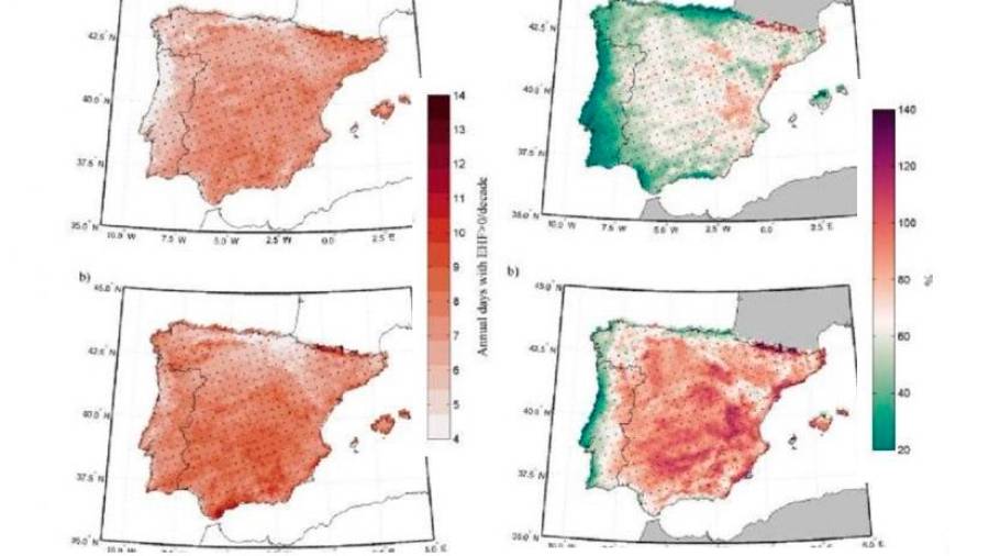 estudio ‘Heatwave intensity on the Iberian Peninsula’. Temperaturas entre 2021-2050 según el índice EHF (hay ola de calor si durante tres días se supera el percentil 95 de las temperaturas medias más altas). Foto: USC y UVigo