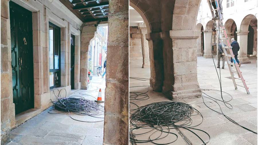ACTUACIONES. Imágenes del cableado durante una de las instalaciones en las fachadas de la Rúa do Vilar. Foto: Cedida 