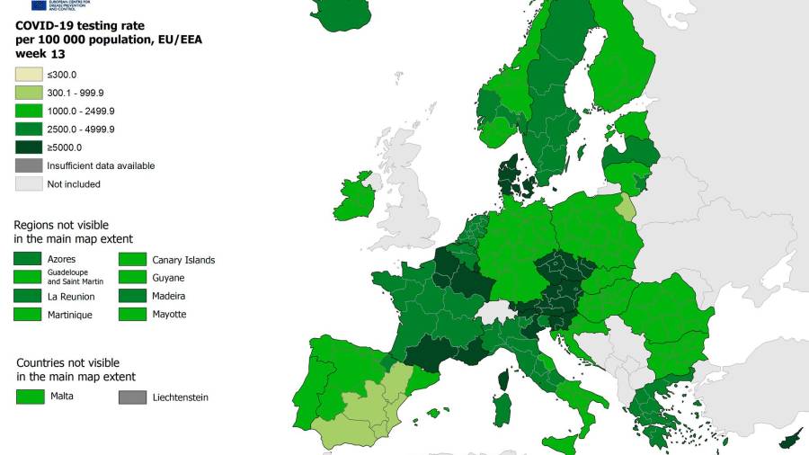 Mapa con la tasa de pruebas por cada 100.000 habitantes (Fuente: ECDC)