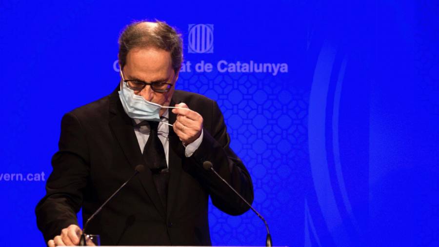 BARCELONA, 27/07/2020.- El presidente de la Generalitat, Quim Torra, durante la rueda de prensa que ha ofrecido este lunes. EFE/Enric Fontcuberta
