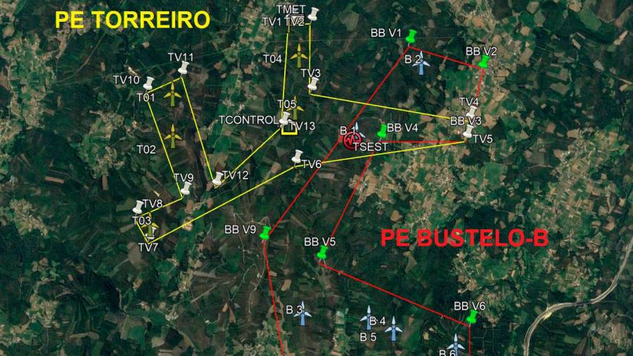Plano de distribución dos aeroxeradores dos parques eólicos Alto do Torreiro e Bustelo-Baralláns. Foto: Asociación Petón do Lobo