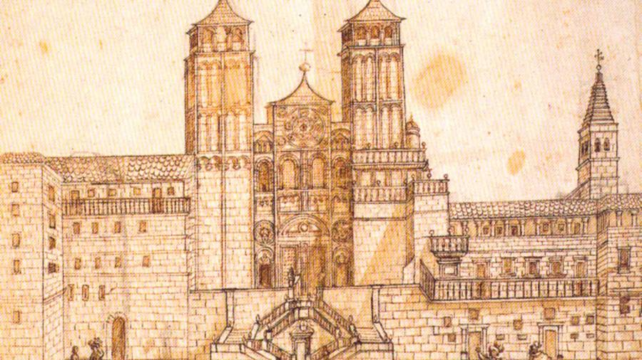Grabado antiguo de la plaza del Obradoiro, en el que se puede ver la Catedral y el pazo de Xelmírez. Foto: Xacopedia