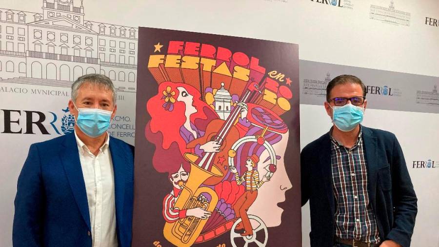 PSICODÉLICO CARTEL. Antonio Golpe, a la izquierda, y Ángel Mato ante el cartel creado por el ilustrador ferrolano Mario Feal. Foto: Concello de Ferrol