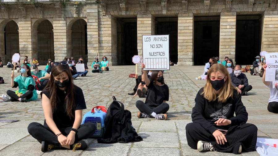 Tras los discursos se sentaron en la Praza do Obradoiro y cantaron consignas a favor de la liberación de los animales. Fotografía: Javier Rosende