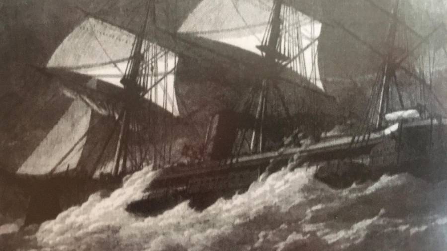 Imagen del ‘HMS Captain’ surcando las aguas con el velamen desplegado en medio de una tempestad. Foto: Lema