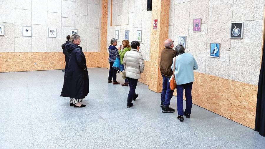 Varias persoas admiran as obras en acuarela de Cristina Corral no centro sociocultural vedrés. Foto: C.V.