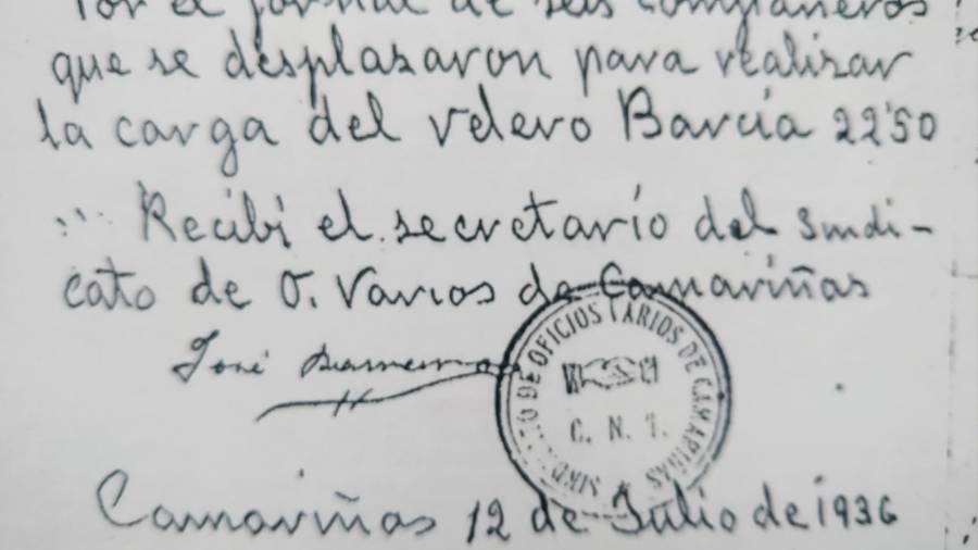 Extracto de un recibo sindical, firmado a 12 de julio de 1936. Foto: Rafael Lema