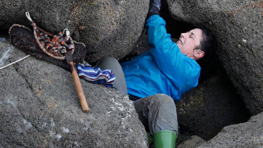 FUERZA. Una mujer arrancando los percebes con sus manos en las rocas del acantilado con marea baja. Foto: Lavandeira
