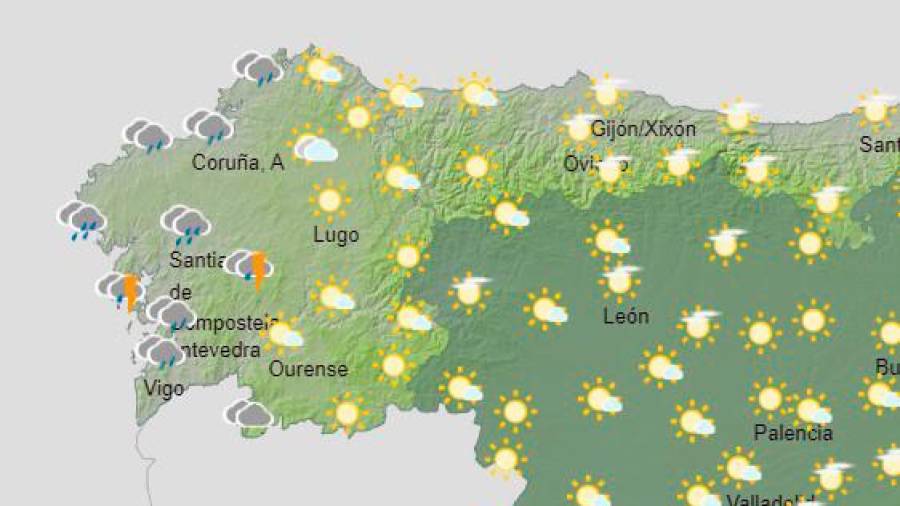 Cielo poco nuboso en casi todo el país y fuertes lluvias en Galicia