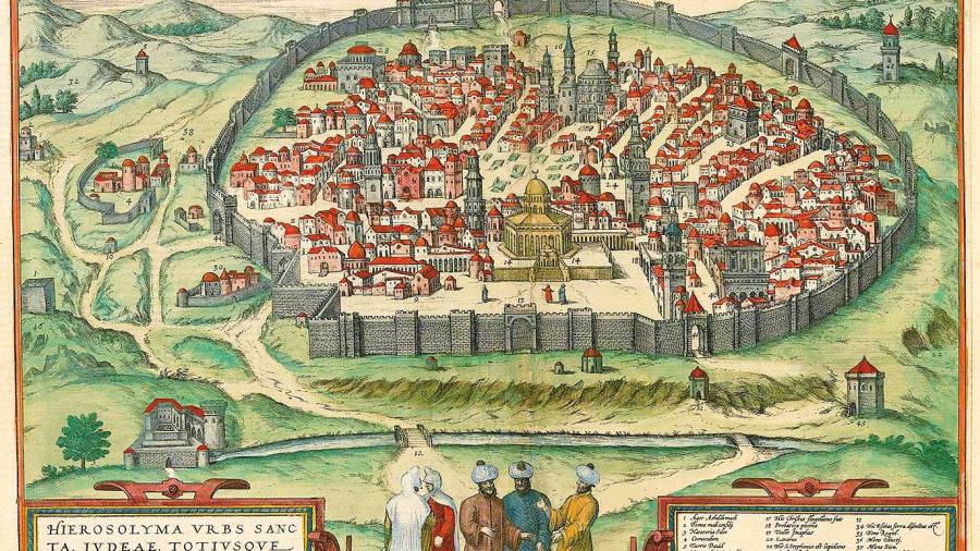 La Jerusalén Bíblica, ciudad que Egeria visitó en su peregrinación. Grabado a color de finales del siglo XVI, realizado por Georg Braun y Franz Hogenberg
