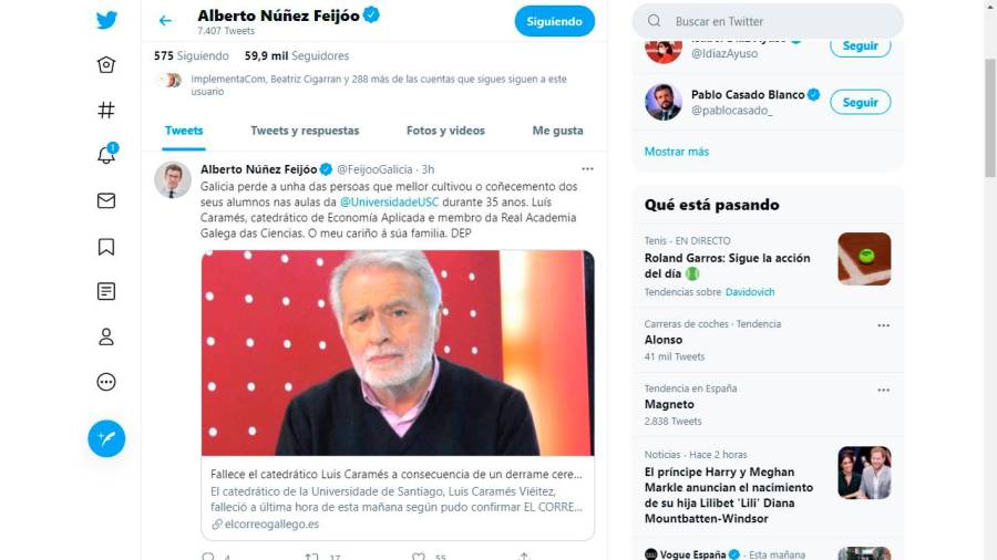 Tuit desde la cuenta de Alberto Núñez Feijóo en recuerdo de Luis Caramés, donde enlaza con la noticia de EL CORREO GALLEGO que adelantaba la triste noticia. Foto: ECG