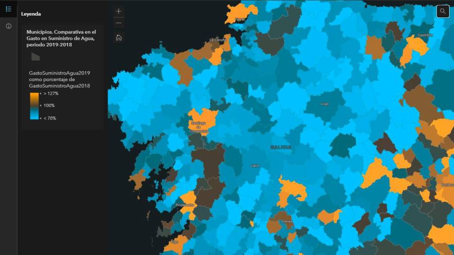 MAPA. Gráfico sobre las áreas de Galicia del estudio titulado ‘El Día del Agua en Datos’, hecho por Esri España. Foto: Esri