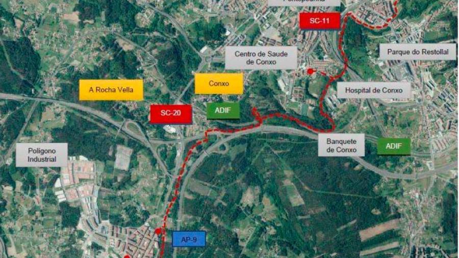 Plano del itinerario que seguirá la ruta que conectará O Milladoiro y varios puntos de Santiago