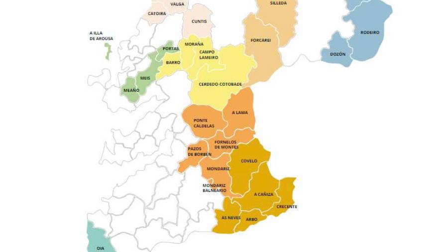 En color, os concellos que entran na iniciativa TIC Emprendes da Deputación de Pontevedra. Foto:DepPo