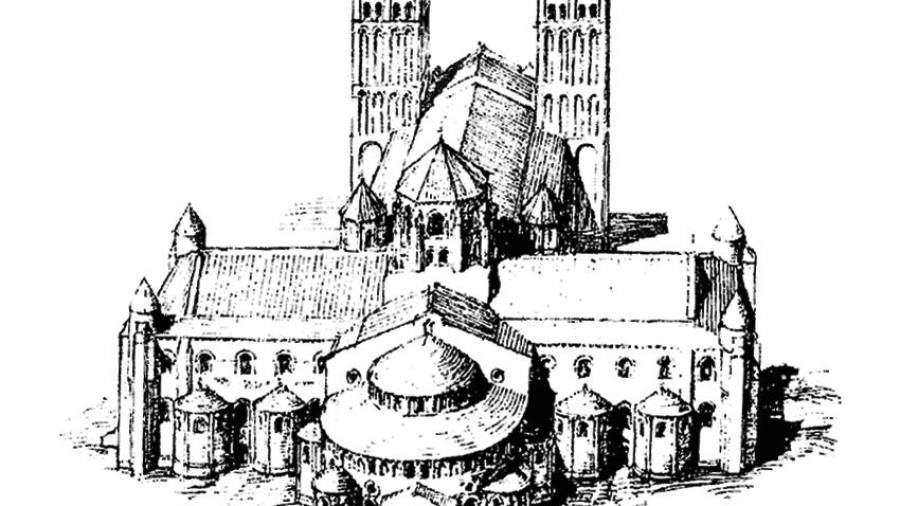 Recreación de la basílica románica vista desde la cabecera, donde se puede apreciar las capillas auxiliares del templo
