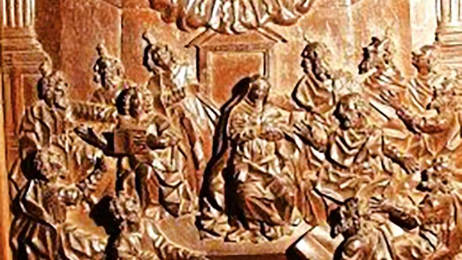 Pentecostés. Escena de la sillería del coro de S. Martín Pinario, s. XVII. Foto: A. P.