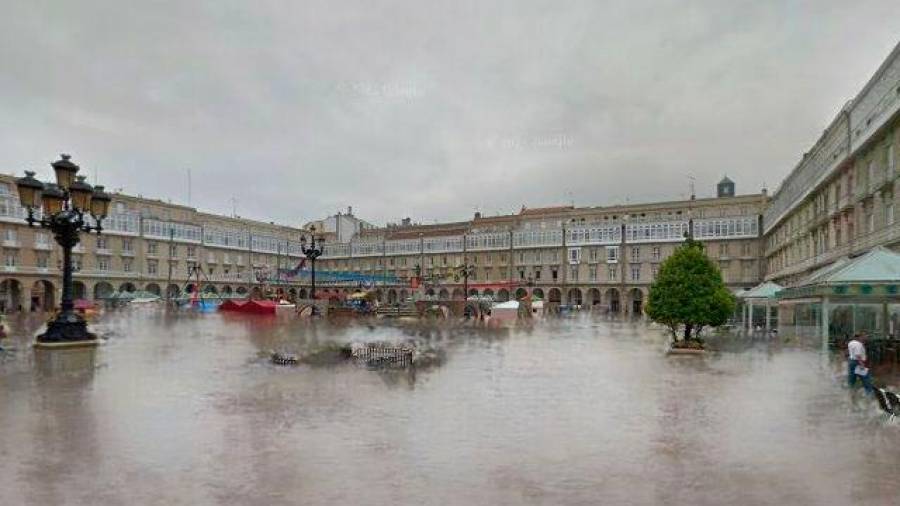 A Coruña. Plaza coruñesa de María Pita durante las fiestas, recreando una posible futura inundación como consecuencia del cambio climático.