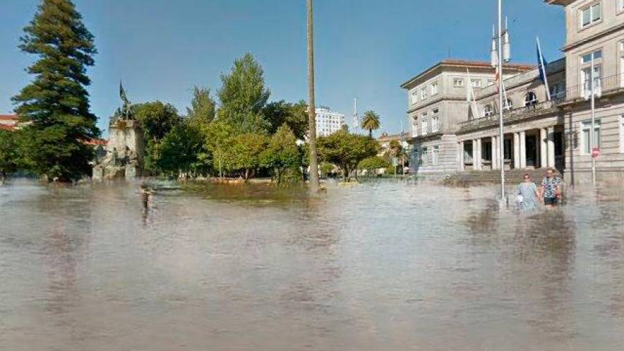 Pontevedra. La Plaza de España, con el Concello a la derecha, llena de agua.