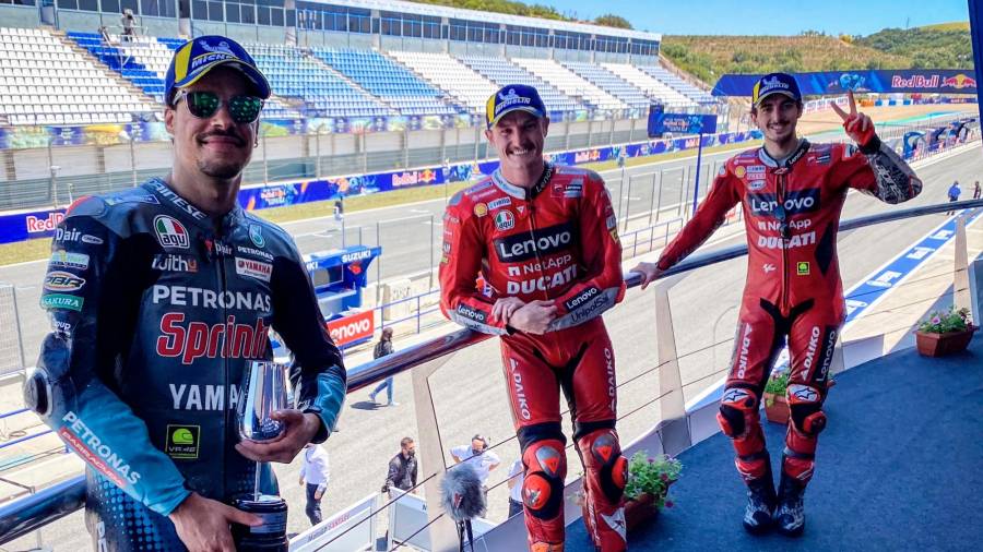 PODIO Franco Morbidelli, izquierda, Jack Miller y Francesco Bagnaia. Foto: MotoGP