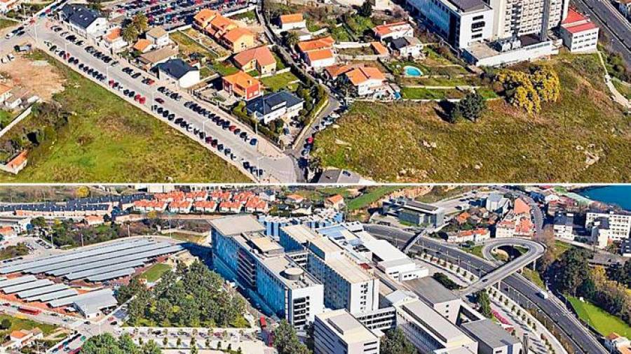 Arriba estado actual del Hospital de A Coruña, abajo imagen virtual de su futuro. Foto: XG