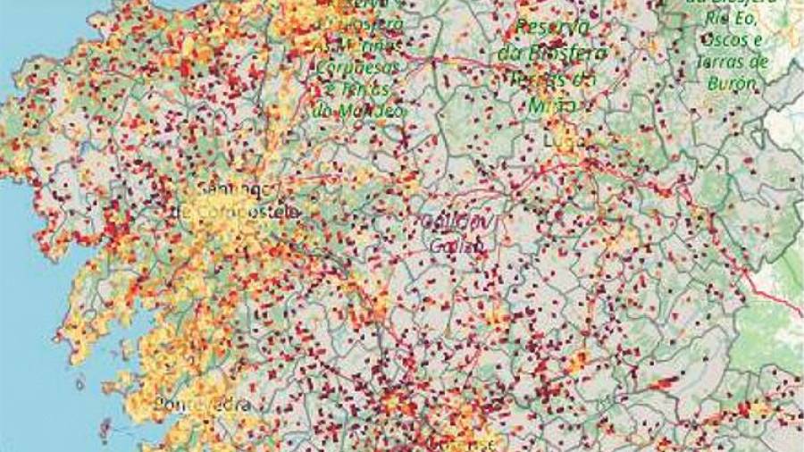 Mapas de distribución de la población gallega por territorio, izquierda, y de reparto de los mayores de 64 años y de los menores de 16 Foto: IGE