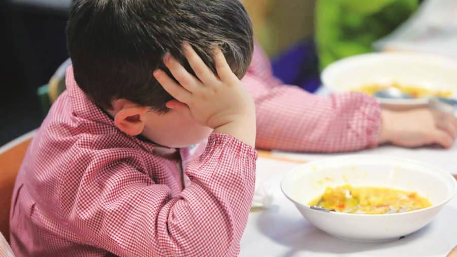 Un niño mira su plato en el comedor escolar. Foto: Gallego