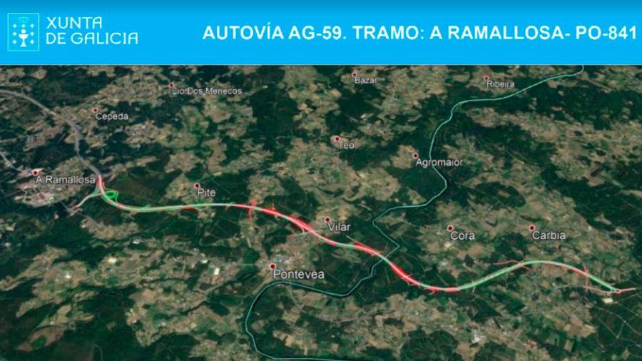 Trazado coloreado sobre el mapa aéreo de la continuación de la AG-59 entre A Ramallosa y Rollo. Foto: XG