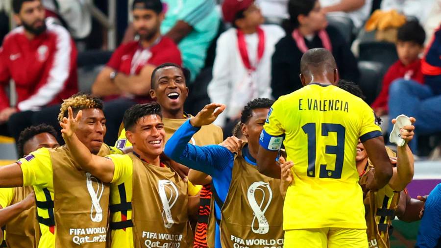 LOS JUGADORES de Ecuador celebran uno de los goles de Valencia. T. W.