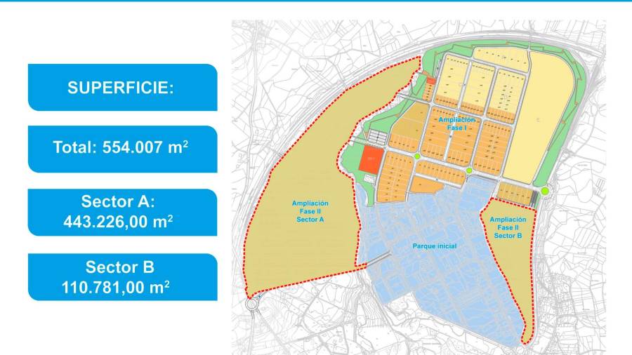 Plano do polígono de Bértoa cos dous sectores nos que se executará a segunda fase de ampliación. Foto: Xunta de Galicia