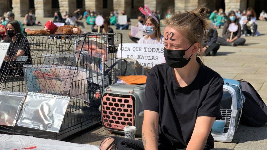 Los asistentes se pintaron números en la frente como apoyo a los animales torturados. Fotografía: Javier Rosende
