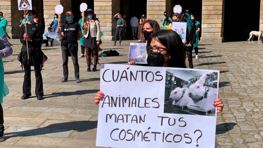 Manifestantes contra las práctias de Vivotecnia con animales en la plaza del Obradoiro, en Santiago. Fotografía: Javier Rosende