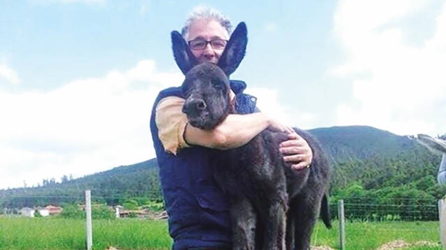O terapeuta Tomás Rábanos, cun burro en brazos. Foto: FB