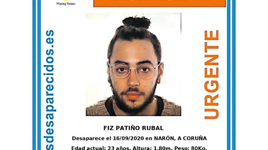 alerta elaborada tras la desaparición del joven gallego, Fiz Patiño Rubal, el pasado 16 de septiembre. Foto: SOS Desap.