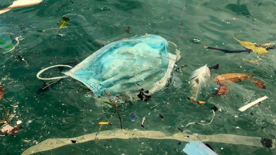 Una mascarilla quirúrgica de protección eliminada de forma incorrecta tras su uso, flota en el mar Foto: ECG 