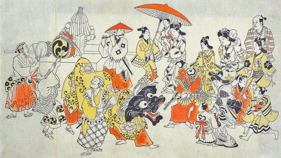 a cor. Shishi-mai (Danza de león), obra de Hishikawa Moronobu, estampa coloreada a man despois da súa edición.