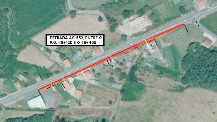 En vermello, tramo polo que discorrerá a nova senda peonil de Nantón, á beira da AC-552. Foto: Xunta de Galicia