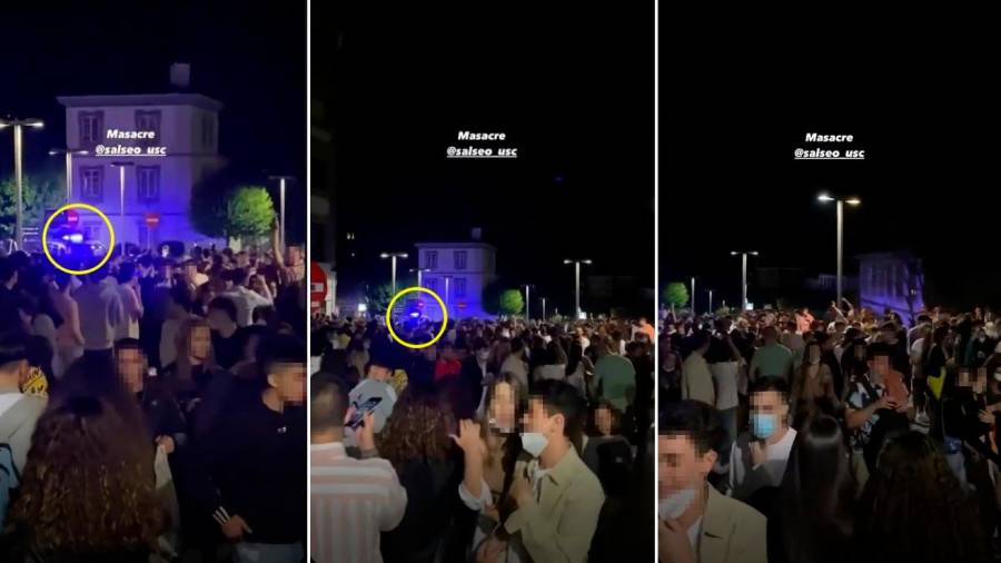 Imaxes correspondentes a capturas de vídeos feitos a pasada noite nas rúas de Curros Enríquez e López Ferreiro. O círculo amarelo marca a presencia policial