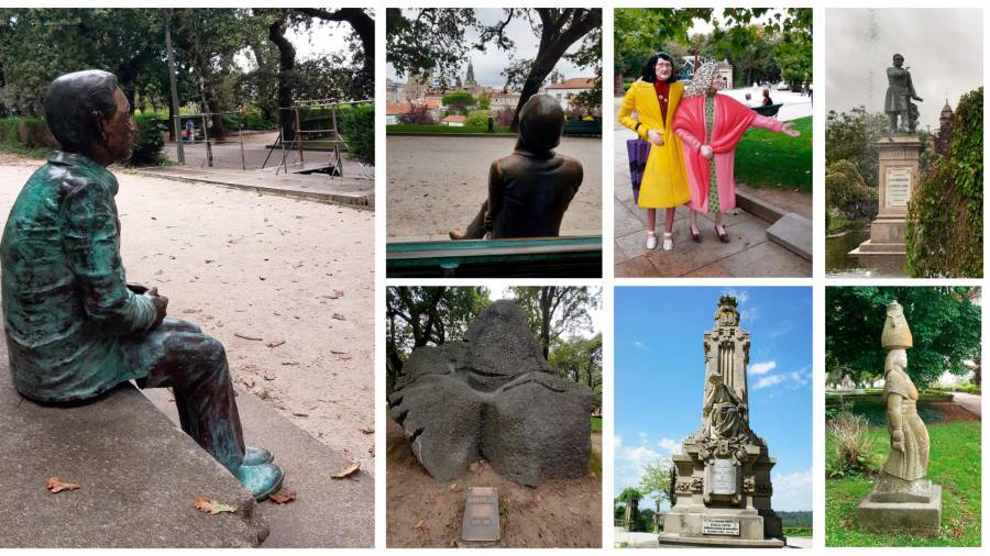 Varias das esculturas situadas en distintos puntos da Alameda de Santiago, formando parte da súa paisaxe