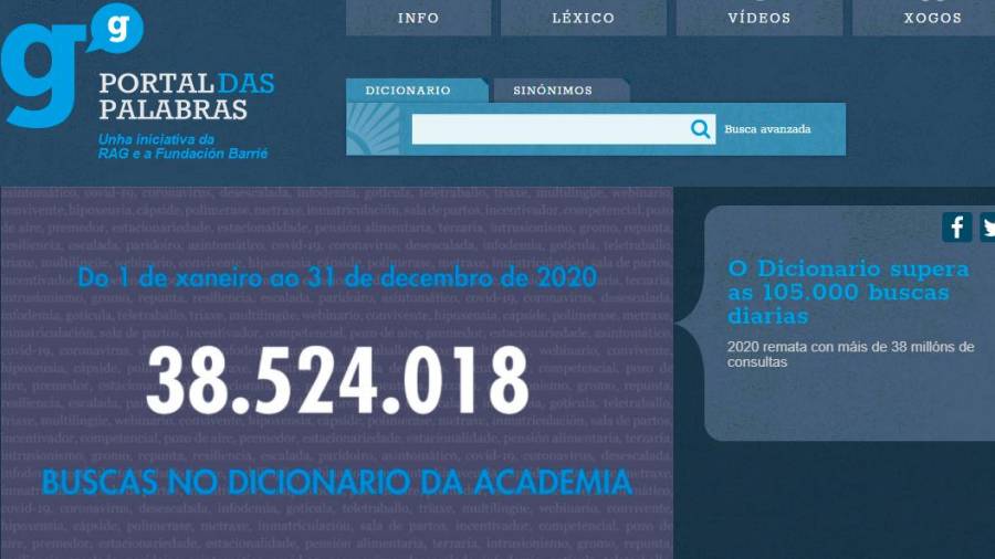 internet. Pantalla inicial da páxina web do dicionario da Real Academia Galega amosando o seu novo récord. Foto: RAG