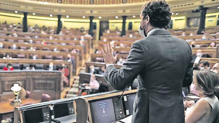 Turno de intervención del líder popular, Pablo Casado, el pasado miércoles en el Congreso, en la sesión de control al Gobierno. Foto: Europa Press