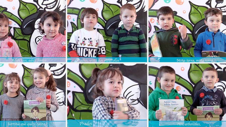 Vídeos de nenos e nenas da escola unitaria de Gonzar, en O Pino, con versos de Rosalía. Foto: C. P.
