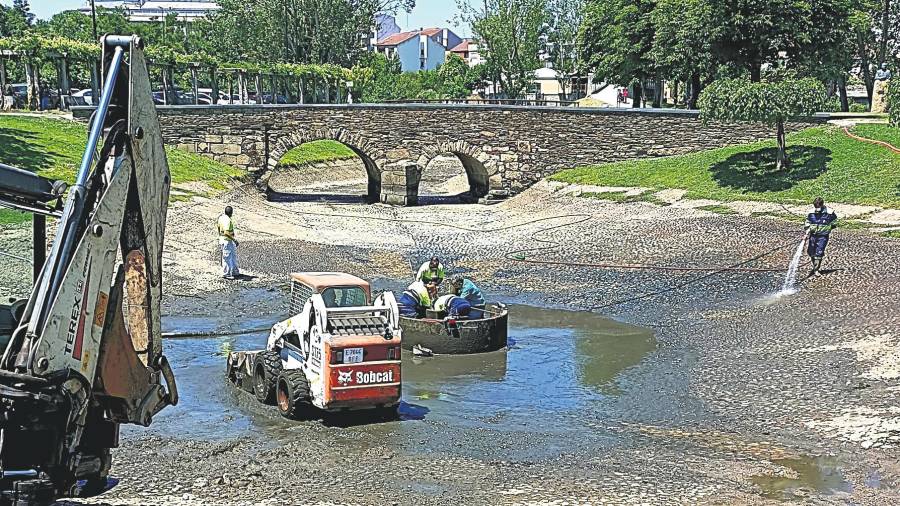 conservación. Operarios limpian la laguna del Parque dos Condes, situada en el concello de Monforte (Lugo). Foto: ECG