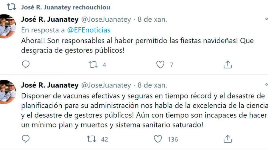 Mensajes en la cuenta de Twitter del cardiólogo José Ramón González-Juanatey