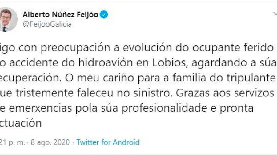Imagen del mensaje publicado por el presidente de la Xunta en funciones, Alberto Núñez Feijóo, en su perfil de Twitter